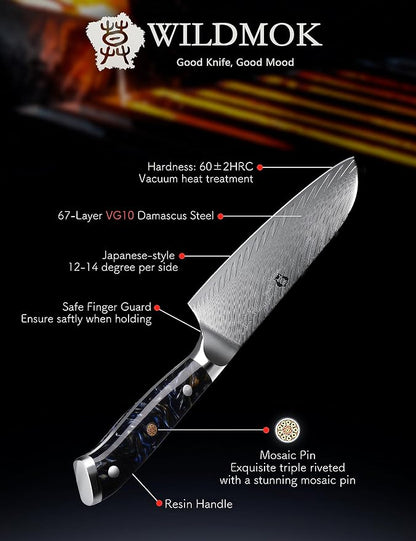 WILDMOK Santoku Knife, 7" Japanese Damascus Forged Kitchen Knife, Professional Chopping Knife, Razor Sharp & Ergonomic Handle Design-Comes in a gift box