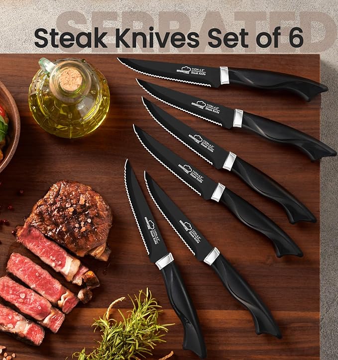 Knife Set, 15 Pieces Kitchen Knife Set with Built in Sharpener, German High Carbon Stainless Steel Knife Block Set, Dishwasher Safe, Black, Fathers Day Gift for Men