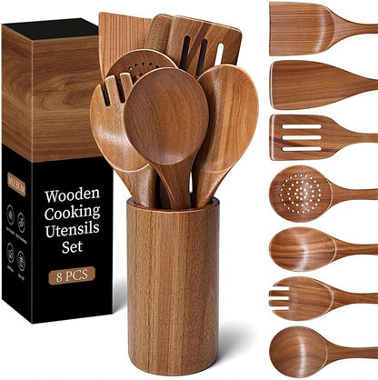 Wooden Cooking Utensils Set with Holder, 8 Pcs Teak Wood Kitchen Utensils for Nonstick Cookware, Wooden Spoons and Spatulas for Cooking, Farmhouse Kitchen Accessories