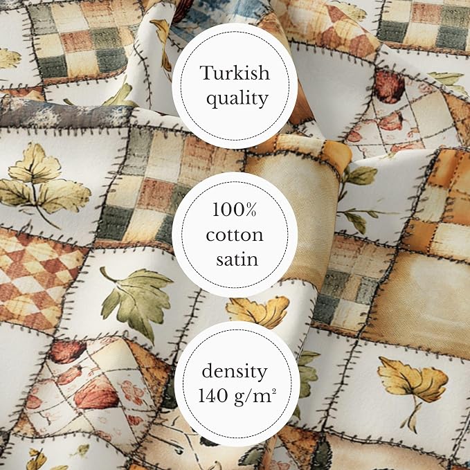 Patchwork Cotton Fabric Panel 61 x 36.6 Inches, Autumn Leaves Quilt Style Pattern, Rustic Brown Beige Blue Design, 100% Cotton 140 GSM