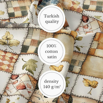 Patchwork Cotton Fabric Panel 61 x 36.6 Inches, Autumn Leaves Quilt Style Pattern, Rustic Brown Beige Blue Design, 100% Cotton 140 GSM