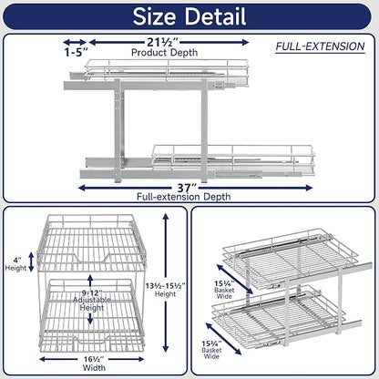 2-Tier Pull Out Cabinet Organizer, 16.5" W x 21.5" D, Heavy Duty Dual Slide Out Shelves for Base Cabinets, Chrome Wire Basket Drawer for Pantry, Kitchen & Bathroom Storage