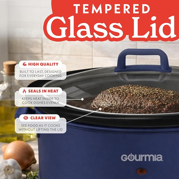 Gourmia Slow Cooker - 7 Quart Removable Ceramic Pot, Manual Controls with 3 Temperature Settings, Dishwasher Safe Crock and Glass Lid, Navy