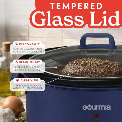 Gourmia Slow Cooker - 7 Quart Removable Ceramic Pot, Manual Controls with 3 Temperature Settings, Dishwasher Safe Crock and Glass Lid, Navy