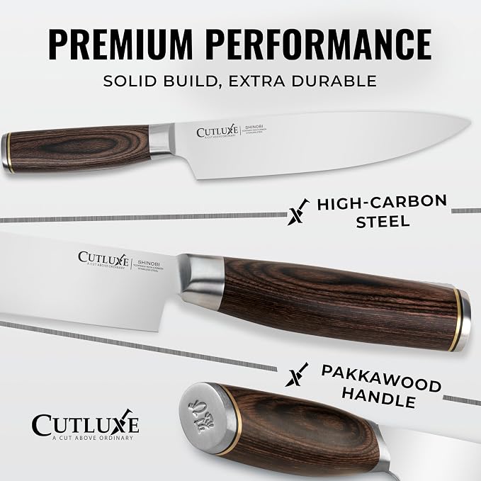 Cutluxe 3-Piece Chef Knife Set – Ultra Sharp Japanese Kitchen Knives, High Carbon Stainless Steel Blades, Full Tang Pakkawood Handles – Shinobi Series