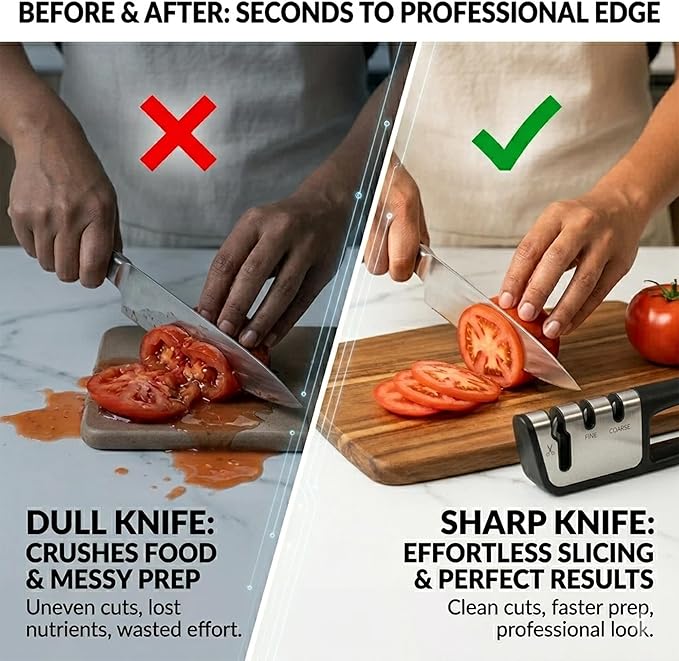Premium 3-in-1 Knife and Scissors Sharpener, Professional Manual Kitchen Blade Sharpening Tool with Tungsten Ceramic Diamond Abrasives, Ergonomic Handle, Black