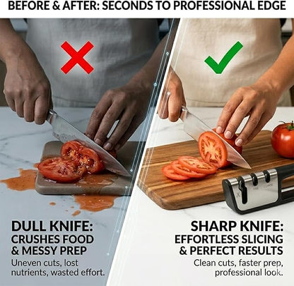 Premium 3-in-1 Knife and Scissors Sharpener, Professional Manual Kitchen Blade Sharpening Tool with Tungsten Ceramic Diamond Abrasives, Ergonomic Handle, Black