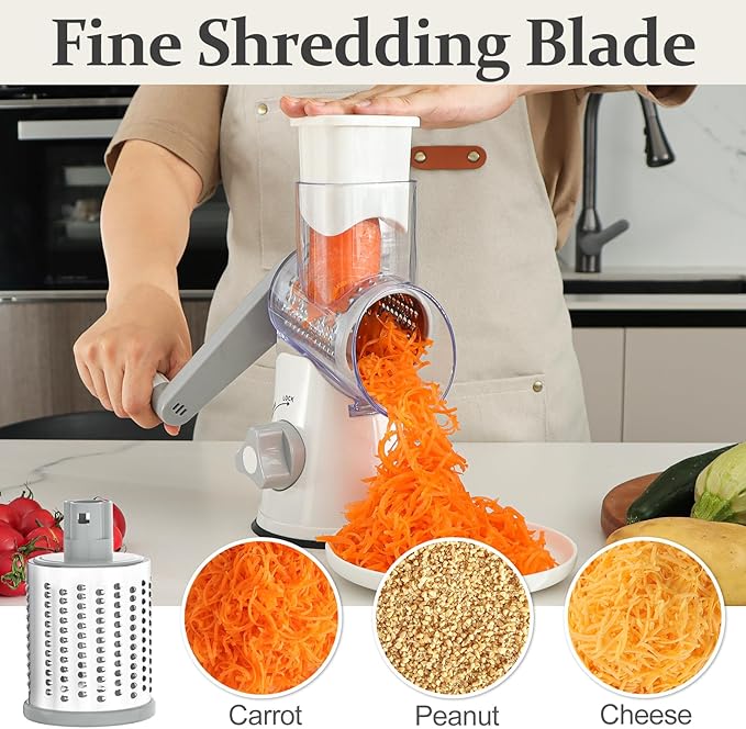 Cambom Rotary Cheese Grater Hand Crank Cheese Shredder for Fresh Cheese, Vegetable, Nuts,Non-slip Suction Base, Five Blades, White