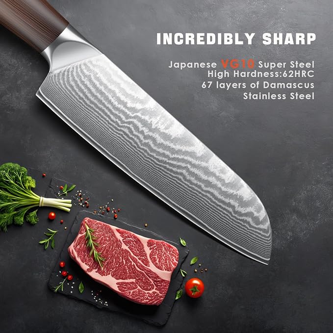 7 Inch Japanese Santoku Knife, Ultra Sharp High Carbon Stainless Steel Kitchen Knife, Professional Santoku Knives G10 Ergonomic Color Wooden Handle with Gift Box