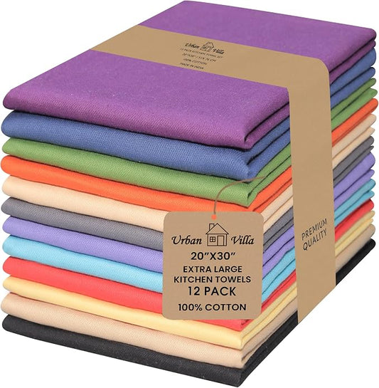 Urban Villa Kitchen Towels 100% Cotton Dish Towels for Kitchen(Set of 12)20”x30” Dish Cloths Highly Absorbent Kitchen Linen Set with Hanging Loop Perfect for Drying Dishes Cleaning Hand Towels – Multi
