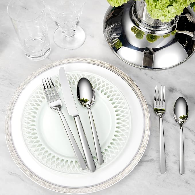 KEAWELL Premium Aline Silverware Set, 45-Piece Mirror-Polished 18/10 Stainless Steel Flatware, Dishwasher Safe for Refined Dining and Entertaining (45, Silver)