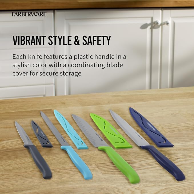 Farberware Chef Knife Set with Colorful Handles, Stainless Steel Blades with Blade Covers Included, Versatile Kitchen Knives, 4-Piece