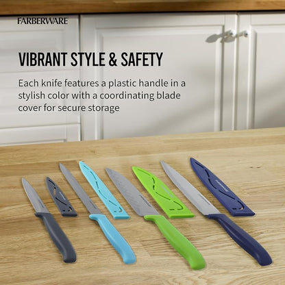 Farberware Chef Knife Set with Colorful Handles, Stainless Steel Blades with Blade Covers Included, Versatile Kitchen Knives, 4-Piece