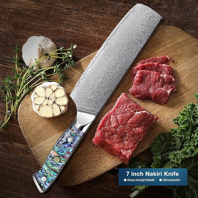 XITUO 7-Inch Nakiri Knife, Japanese VG-10 Damascus Steel (67 Layers), Razor Sharp Asian Vegetable & Meat Chopper, Ergonomic Abalone Shell Handle, Chef Knife with Gift Box