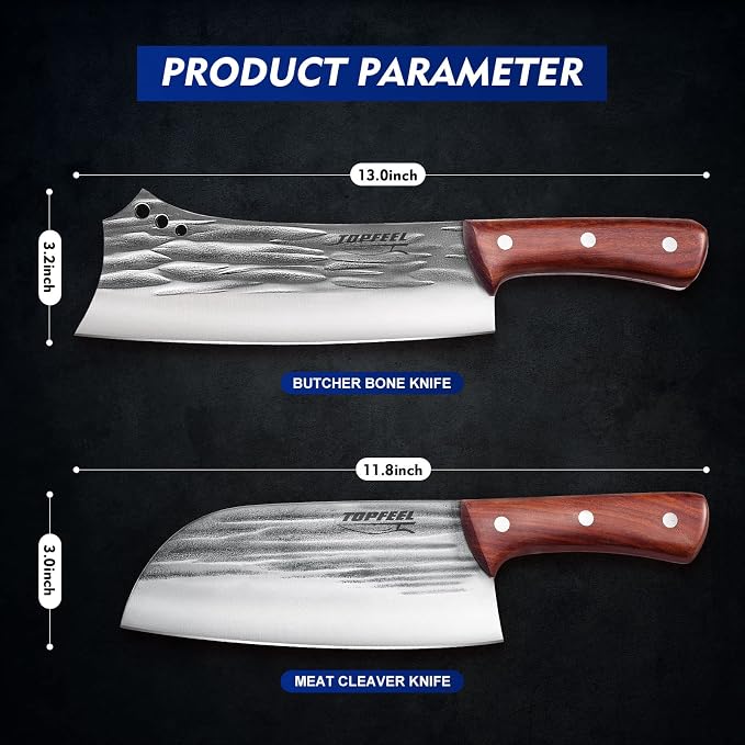 Topfeel 2PCS Meat Cleaver & Heavy Duty Bone Chopper Knife Set, Hand Forged German High Carbon Stainless Steel Butcher Knife for Home Kitchen & Outdoor
