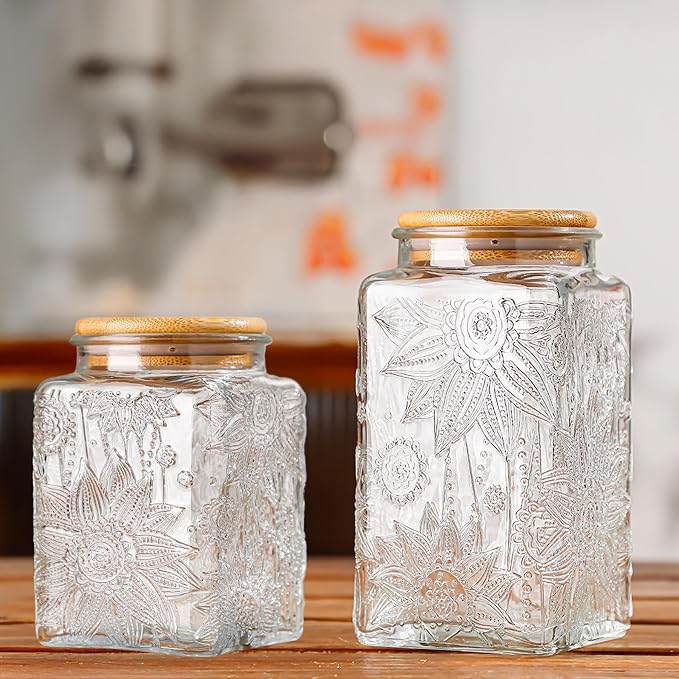 Custde Glass Storage Jars With Airtight Lid, 23.7oz Canister For Kitchen Counter with Bamboo Lid, brown sugar, candy, coffee, cookie, salt, tea,pantry cute Jar (Square Sunflower)