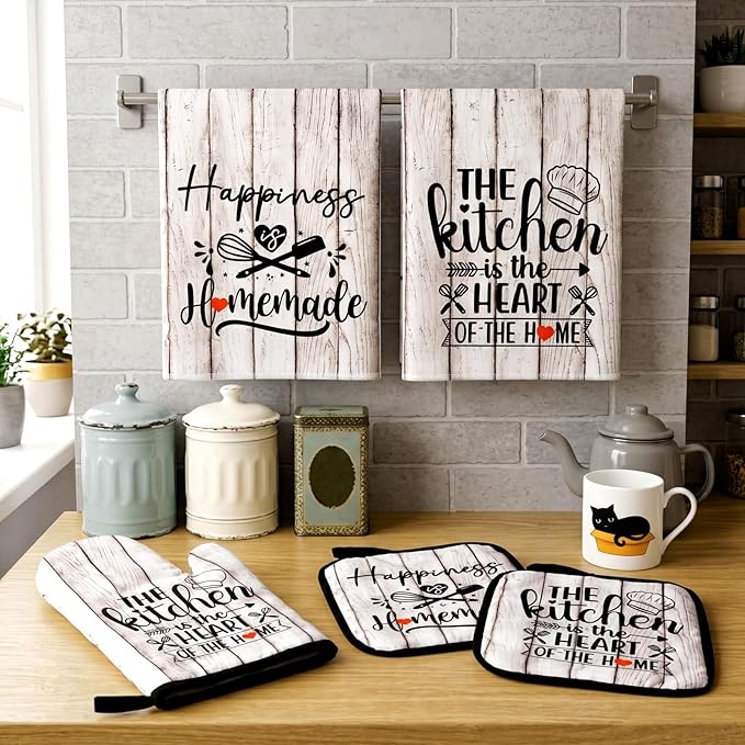 Sratte 6 Pcs Kitchen Decor Accessories Set Farmhouse Towels Pot Holders Oven Mitts Set 2 Dish Towels 2 Potholders 2 Cooking Mittens Oven Glove for Christmas Baking Cooking(White Wood Grain)