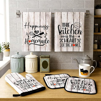 Sratte 6 Pcs Kitchen Decor Accessories Set Farmhouse Towels Pot Holders Oven Mitts Set 2 Dish Towels 2 Potholders 2 Cooking Mittens Oven Glove for Christmas Baking Cooking(White Wood Grain)