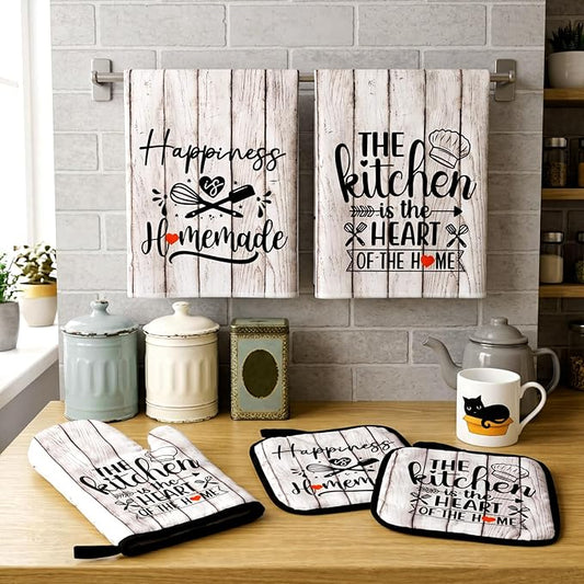 Sratte 6 Pcs Kitchen Decor Accessories Set Farmhouse Towels Pot Holders Oven Mitts Set 2 Dish Towels 2 Potholders 2 Cooking Mittens Oven Glove for Christmas Baking Cooking(White Wood Grain)