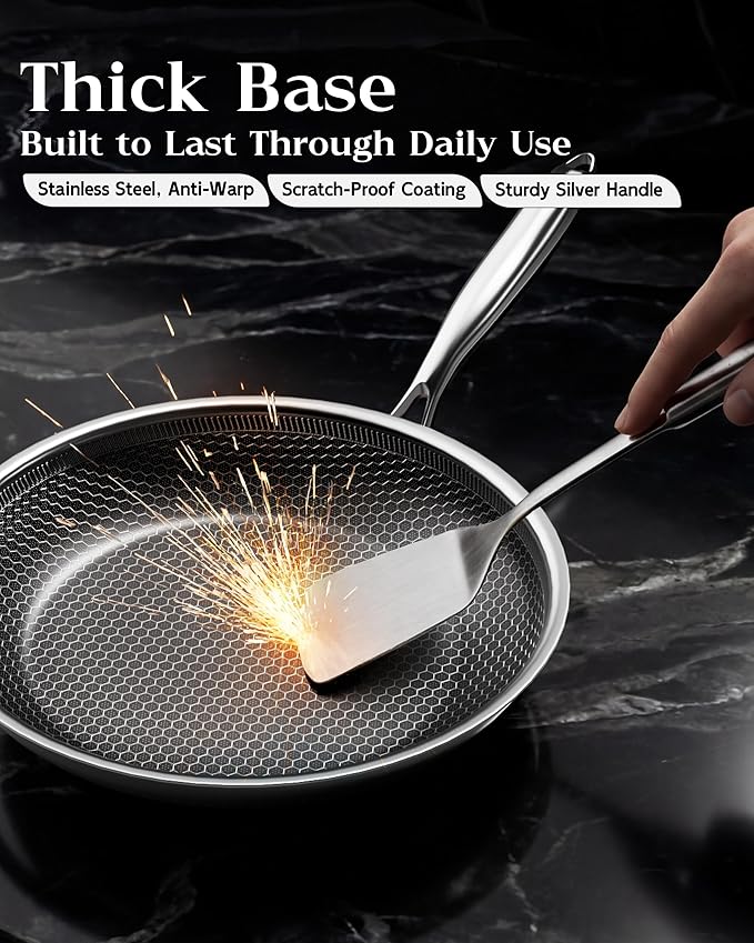 Nonstick Frying Pan with Lid 7-Inch, Durable Stainless Steel Skillet, Induction Cooktop Compatible, PFOA-Free Scratch-Proof, Dishwasher & Oven Safe, Stay-Cool Handle, Silver Kitchen Cookware