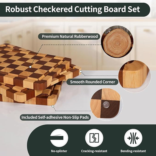 WILLKOMMEN Checkered Cutting Board Set, 3-Piece Wood Checkerboard End Grain Chopping Boards with Holder & Juice Groove Wooden Kitchen Cutting Board for Cooking and Serving (S, M, L)