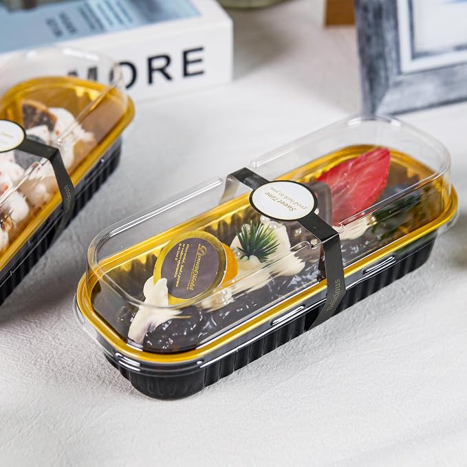 50 Pack Mini Loaf Pans with Lids Rectangle Individual Cake Pans Aluminum Foil Pans for Large Gatherings Picnics Vacations Parties, Graduation Gifts Party Favors(Black Gold, 6.8 OZ)
