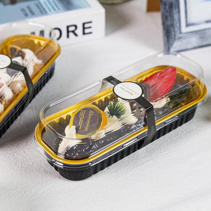 50 Pack Mini Loaf Pans with Lids Rectangle Individual Cake Pans Aluminum Foil Pans for Large Gatherings Picnics Vacations Parties, Graduation Gifts Party Favors(Black Gold, 6.8 OZ)