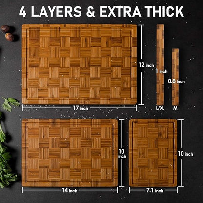 Kikcoin Extra Large Bamboo Cutting Boards, (Set of 3) Chopping Boards with Juice Groove Bamboo Wood Cutting Board Set Butcher Block for Kitchen, End Grain Serving Tray (Pack of 2)