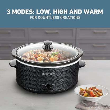 West Bend Slow Cooker 6-Quart Manual Crockery Style with Dishwasher Safe Oval Ceramic Crockpot and Glass Lid Two Temperature Settings Plus Keep Warm, 330-Watts, Black