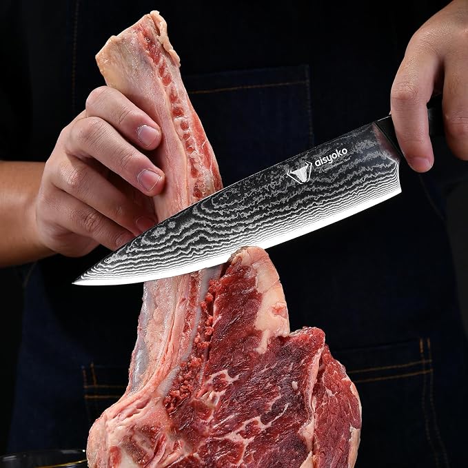 aisyoko Professional Chef Knife 8 "Damascus Kitchen Knife 8C High carbon stainless steel Super sharp,Ergonomic Full Tang ABS Anti-Skid Handle utility knife Japanese Cooking Knife with Luxury Gift Box