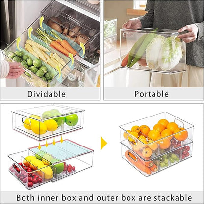 4Pack Stackable Fridge Drawers Pull-out Storage Bins with Handle Clear Food Container for Refrigerator Plastic Dresser Organizer Fruit&Veggie Keeper for Freezer Cabinet Kitchen Organization