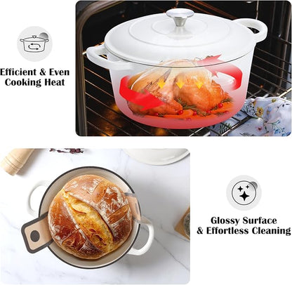 E-far Enameled Dutch Oven Pot for Bread Baking, 6QT Enameled Cast Iron Cookware with Self-Basting Lid & Sourdough Bread Baking Supplies, Heavy Duty Casserole Pot & Dual Handles-White
