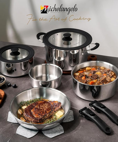 Michelangelo 14pcs Tri-Ply Stainless Steel Cookware Set with Detachable Handles, Stackable Pots and Pans Set for RVs, Small Kitchens & Apartments, Induction Compatible, Oven Safe, No Coating & No PFAS