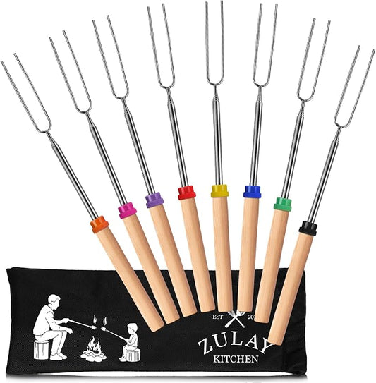 Zulay Kitchen Sturdy Marshmallow Sticks for Fire Pit Extra Long - Smores Sticks Smores Kit - Marshmallow Roasting Skewers - Hot Dog Fork Bonfire Glamping Camping Accessory 32" 8 Pack Bundle