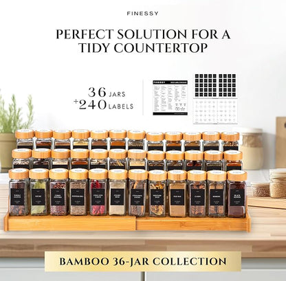 Glass Spice Jars with Label with Bamboo Lids 36 Pack Black Labels Set, 4oz Clear Empty Bottles Seasoning Organizer Jars with Shaker Lids, Small Square Airtight Spice Seasoning Containers Herb Storage