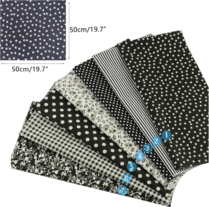 7 Pieces Cotton Fabric Plain Printed (20"x20"), Comfortable Quilting Fabric, Pretty Flower Pattern Material for Quilting DIY Artcraft - Black