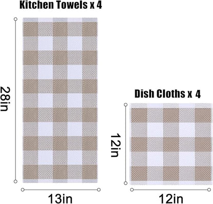 Homaxy Kitchen Towels and Dishcloths Set, 12 x 12 and 13 x 28 Inches, Set of 8 100% Cotton Waffle Weave Check Plaid Kitchen Dish Towels, Super Soft and Absorbent Dish Cloths, White & Khaki