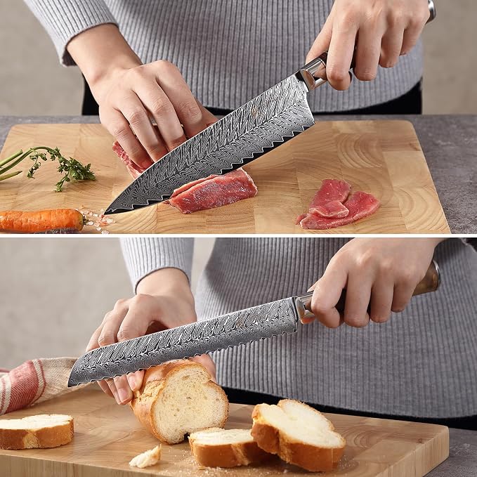 Wakoli Damascus Chef Knife Set with Magnetic Block – 5-Piece Professional Kitchen Knife Block Set, Genuine 67-Layer Damascus Steel Blades with VG10 Core & Ergonomic Sycamore Wood Handles