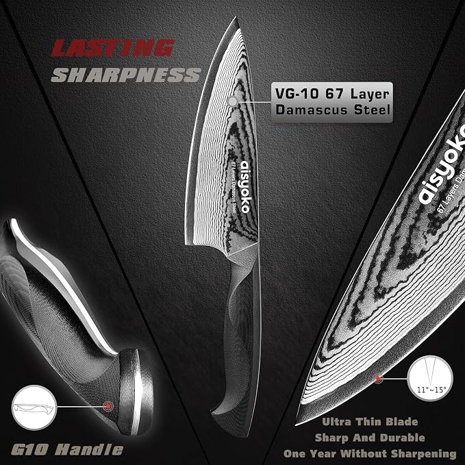 aisyoko Damascus 6.5" Chef Knife Sharp Kitchen Knife Japan VG-10 Stainless Steel Carbon Ultra Sharp Kitchen Cooking Knife, Ergonomic G10 Handle Deluxe Gift Box
