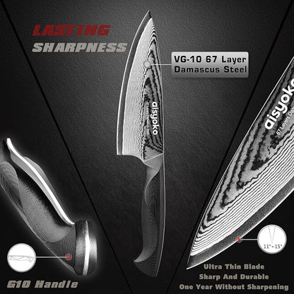 aisyoko Damascus 6.5" Chef Knife Sharp Kitchen Knife Japan VG-10 Stainless Steel Carbon Ultra Sharp Kitchen Cooking Knife, Ergonomic G10 Handle Deluxe Gift Box