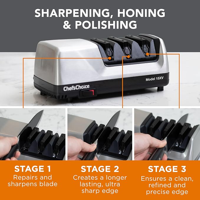 Chef'sChoice 15XV Professional Electric Knife Sharpener with Durable Metal Housing & 100-Percent Diamond Abrasives and Precision Angle Guides for Straight Edge and Serrated Knives, 3-Stage, Metallic