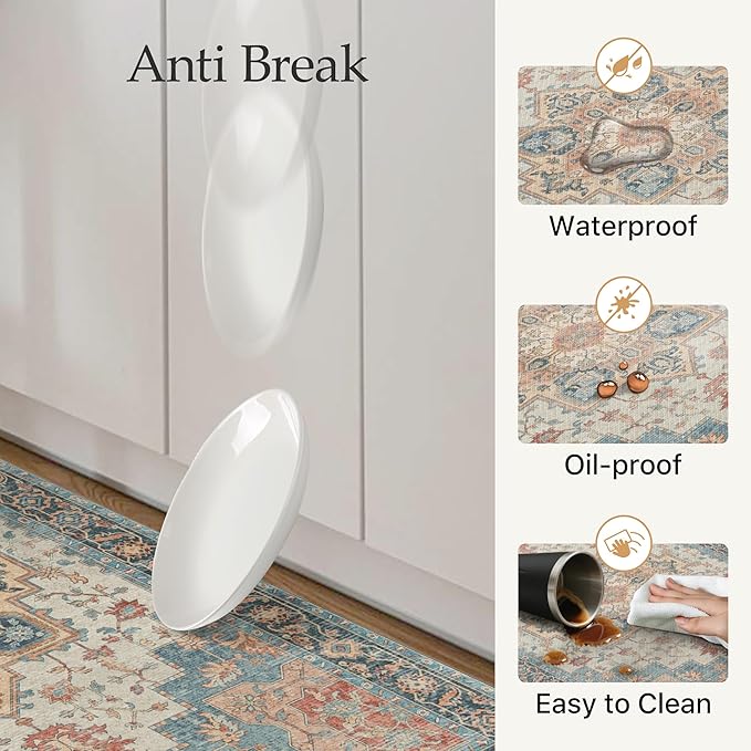 GENIMO Kitchen Mats for Floor 2PCs, Washable Anti Fatigue Mat for Cushioned, 17.3"x47"+17.3"x30", Waterproof Kitchen Rugs, Non Slip Comfort Standing Mat Rug for Home, Sink, Laundry, Blue&Salmon