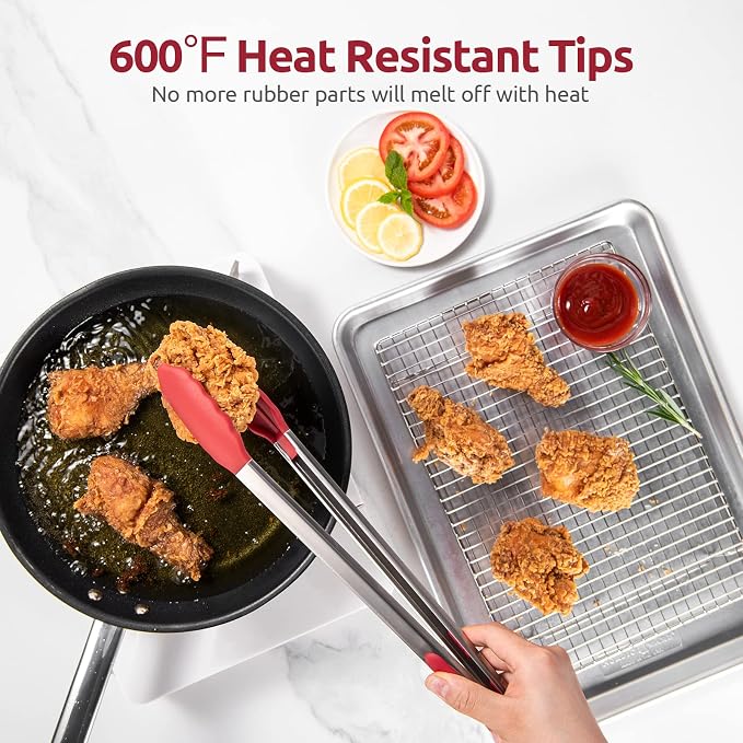 600ºF Heat Resistant Kitchen Tongs: U-Taste 16 inch Extra Long Large Silicone Cooking Tong with Sturdy Non Stick Rubber Tips & Non Slip Silicon Coated 18/8 Stainless Steel Handle for Grilling BBQ(Red)