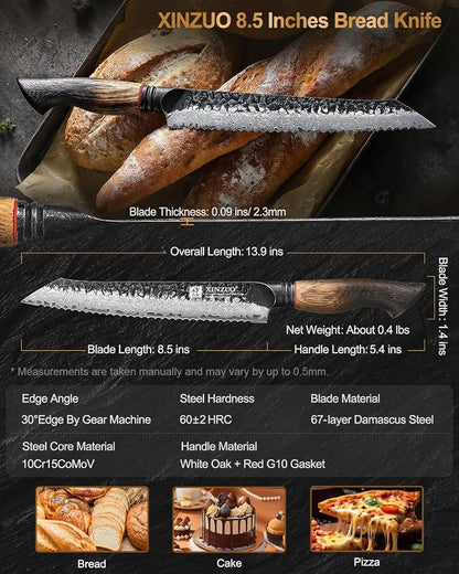 XINZUO Bread Knife For Homemade，Serrated Bread Knife 8.5 Inch Damascus Steel Sharp Slicer Less Crumbs For Bagels, Sourdough, And Soft Produce With Wood Handle