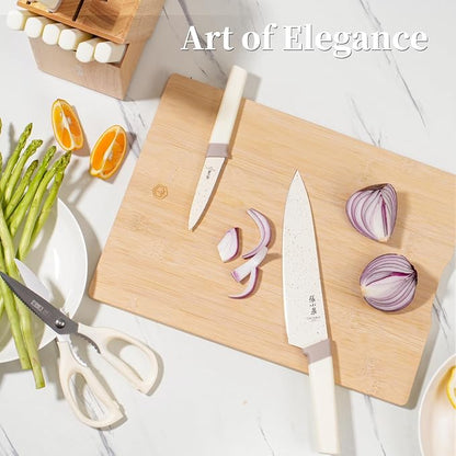 ZHANG XIAO QUAN Knife Set with White Block, High Carbon Stainless Steel Sharp Blades, Built-in Sharpener Kitchen Knife Block Set for Home Cooking