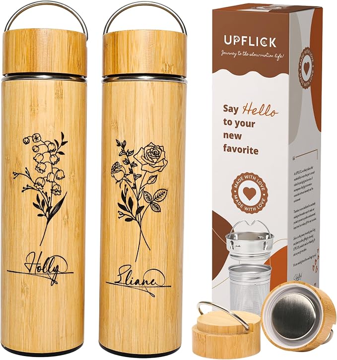Bamboo Water Tumbler Personalize Travel Mug Custom Engraved Tea Tumbler with Infuser Wooden Bottle Birthday Gift Flower for Tea Lover, Mom, Women Tea Infuser (BB006-B, 15 oz)