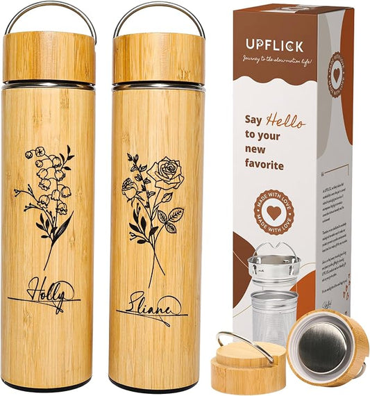 Bamboo Water Tumbler Personalize Travel Mug Custom Engraved Tea Tumbler with Infuser Wooden Bottle Birthday Gift Flower for Tea Lover, Mom, Women Tea Infuser (BB006-B, 15 oz)