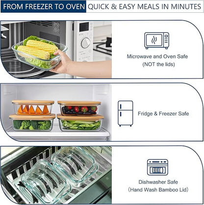 DE Plastic-Free Glass Storage Containers (3-Pack, 51oz) with Bamboo Lids – Eco-Friendly, Airtight, Reusable – Oven, Microwave & Dishwasher Safe – BPA-Free & Sustainable.