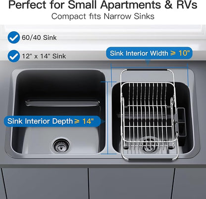 Apartment RV Small Dish Drainer Drying Rack Over The Sink In Stainless Steel for Narrow Kitchen, Counter Space Saving Compact Expandable Metal Dish Dryer Strainer, Adjustable Hanging Wire Drain Holder