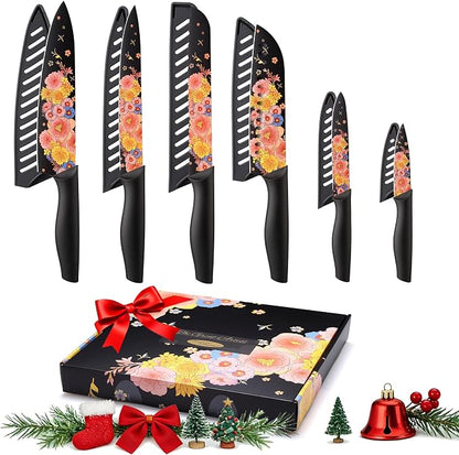 Marco Almond Knife Set Artistic Designed Pattern Kitchen Knife 6 Stainless Steel Kitchen Knives w 6 Blade Guards,Dishwasher Safe Kitchen Knife Sets for Family Knives Set for Chefs
